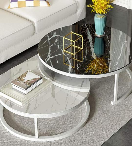 Elegante Marmeren Textuur Koffie Nesttafels Set Stijlvolle Stapelbare Bijzettafels met Metalen Frame voor Woonkamer Decor