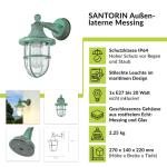 Santorin Buitenwandlamp, messing, glas, groen, antiek, IP64, huis, terras, diameter: 22 cm, E27, maritieme lantaarn, rustieke outdoor wandlamp