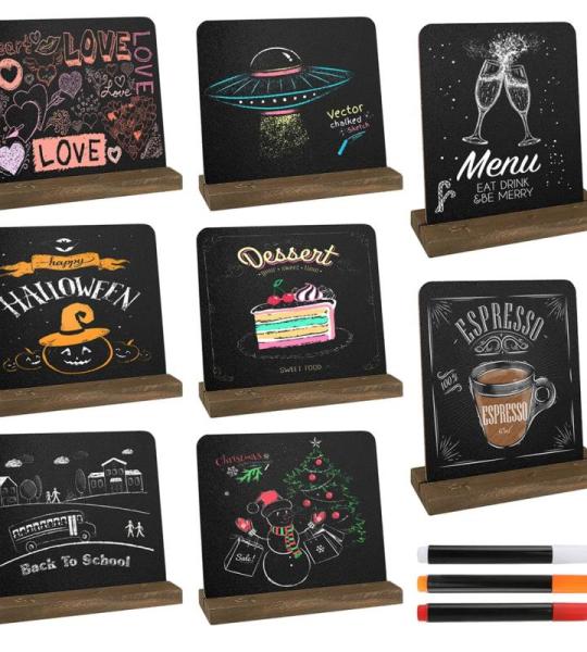 Leisteenbord, 8 stuks, klein krijtbord met rustieke houten standaard, buffet, prijskaartjes, standaard, drankkaart voor bar, café, verjaardag, bruiloft, bevat 3 stiften (stijl 2)