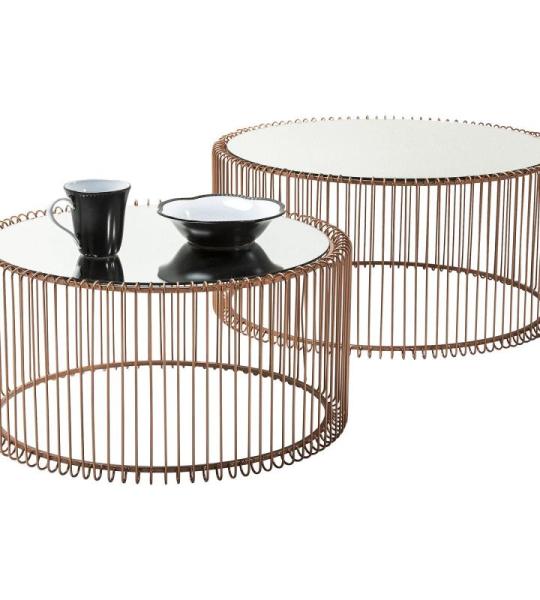 Design salontafel draad, koper, set van 2, rond, spiegelend tafelblad, moderne glazen tafel, grote bijzettafel, koffietafel, nachtkastje, 60/70 cm diameter