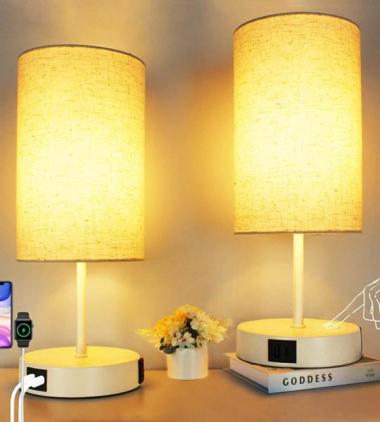 Nachtlampje set van 2 Touch Dimbare LED-tafellamp met 2 USB-oplaadfunctie, kleine E27 tafellamp met beige kap voor cadeau, slaapkamer, woonkamer, incl. 6W LED-lamp