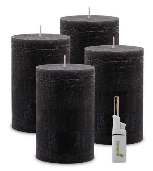 : 4 x rustieke pool-stompkaarsen 120/78 mm. Brandduur ca. 60 uur! incl. professionele kaarsaansteker - Duitse merkfabrikant - RAL gecertificeerd (asfalt)