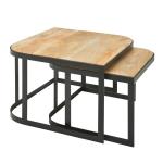 salontafel set van 2 Mango massief houten/metalen salontafel bruin | Industriële bijzettafel bijzettafel metalen poten zwart | 2-delige placemat bijzettafel van hout