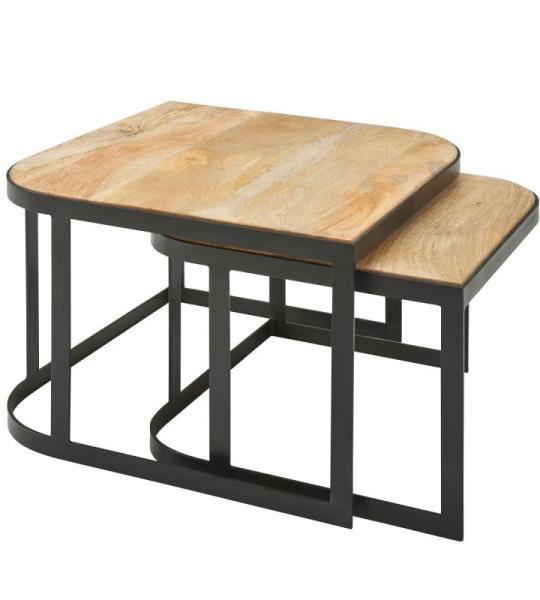 salontafel set van 2 Mango massief houten/metalen salontafel bruin | Industriële bijzettafel bijzettafel metalen poten zwart | 2-delige placemat bijzettafel van hout