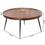 FineBuy Salontafel 75 x 39 x 75 cm, Sheesham massief hout/metaal, design woonkamertafel, rond, retro bruin, designer houten tafel, koffietafel, massief