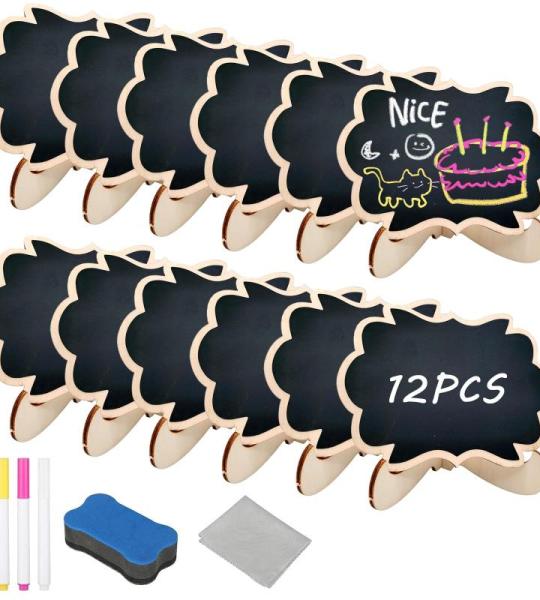 Kleine Kreidetafeln zum Beschriften, 12pcs Mini Tafeln mit Ständer, Löschbar Memotafel Tischschilder, Holz Kreidetafel Klein für Buffet, Hochzeit, Geburtstag Parties Tischdeko