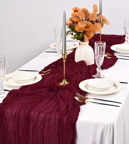 2er-Pack burgunderroter Käsetuch-Tischläufer, 90 x 300 cm rustikaler Gaze-Stoff, Boho-Tischläufer für Hochzeit, Babyparty, Geburtstag, Brautparty, Dekoration