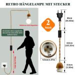 Industriële hanglampenset met schakelaar, 2 stuks retro E27 lampfitting met kabel 510 cm, vintage hanglamp met stekker, rustiek henneptouw, lampenkap, doe-het-zelf, voor slaapkame