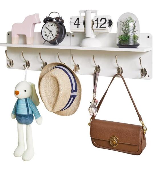 Kapstok plank wandmontage, houten kapstokhaken set van 2, entree kapstok met 8 haken, 80 cm L zwevende planken, sleutelhouder, voor keuken, slaapkamer, badkamer, woonkamer, wit, HW