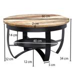 FineBuy Salontafel, 60 x 34 x 60 cm, mango massief hout/metaal, industrieel, zwart, rond, salontafel, woonkamertafel, massief, kleine tafel, salontafel, woonkamer