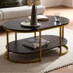 Salontafel, 100 x 60 x 45 cm, zwart met marmerlook, design woonkamertafel, rechthoekig, loungebanktafel met plank, koffietafel, modern, met goudkleurig metalen frame