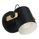wandlamp Hornwood, vintage muurlamp in industrieel ontwerp, retro wandspot van staal en hout, kleur zwart, crème, bruin, E27 fitting, FSC-gecertificeerd