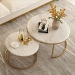 Luxe set van 2 marmeren koffietafels met gouden metalen basis, elegant woonkamermeubilair