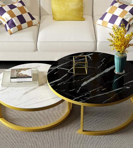 Marmeren Textuur Ronde Stapelbare Koffietafels Set Moderne Woonkamer Meubels met Metalen Poten Elegante Nest Bijzettafels Stapelen Nesting Eindtafels voor Home Decor Set van 2
