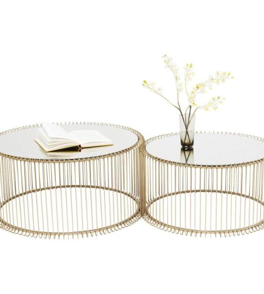 Design salontafel Wire (2/set), messing, 63/53 cm diameter, bijzettafel, nachtkastje, stalen frame, tafelblad van veiligheidsglas, woonkamer, rond, 34 x 70 x 70 cm (H/B/D)