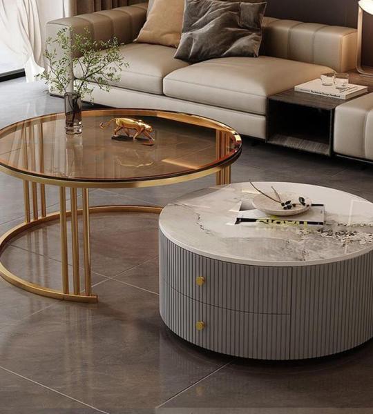 Runde Couchtische, 2er-Set, große Aufbewahrung und einfache Wartung, für Wohnzimmer, Schlafzimmer, Büro, Balkon oder Wohnung, modernes Design (Motley Q 60 x 34 + 70 x 45 cm)