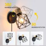 Wandlamp voor binnen, vintage, met stekker en dimbare schakelaar, industriële E27 draaibare retro lamp, wandlamp, hout, metaal, kooi, wandlampen voor woonkamer, slaapkamer, hal