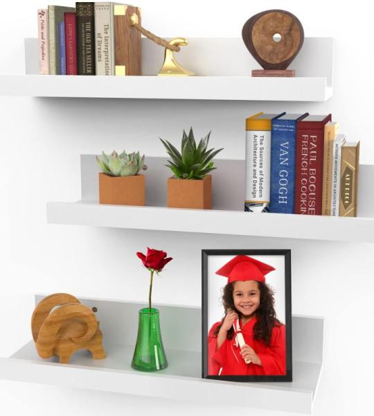 40 cm Schweberegale für die Wand, 3er-Set in Puderweiß, Moderner Rustikaler Stil, Wandmontierte Präsentationsregale, Bilderleisten