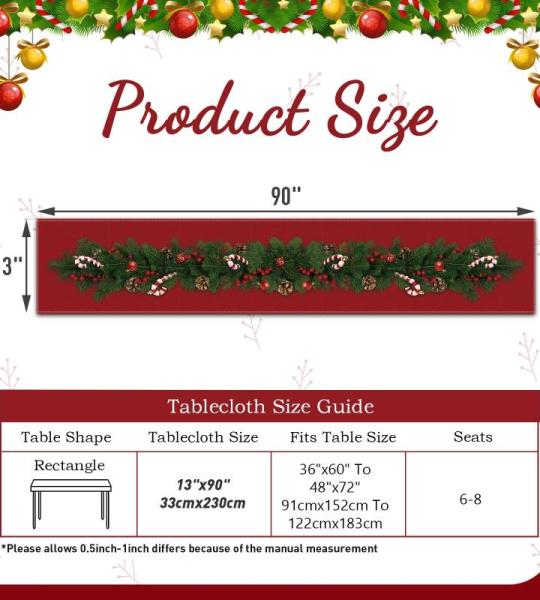 Tafelloper voor Kerstmis, rode linnen met kerstboom klokken, zuurstokken, lange rechthoekige kersttafelkleed voor het diner, tafeldecoratie, 230 x 33 cm