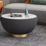Luxuriöser, moderner runder Couchtisch mit Lederkante, Marmor-Muster, Tischplatte und Metallsockel, ideal für Heimdekoration und Wohnzimmer, Schwarz (73 x 73 x 37 cm)