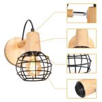 Wandlamp, vintage, industriële wandlampen, 135 graden verstelbaar, hout, E27, retro metalen kooi, design, wandlamp voor woonkamer, badkamer, hal (zwart)