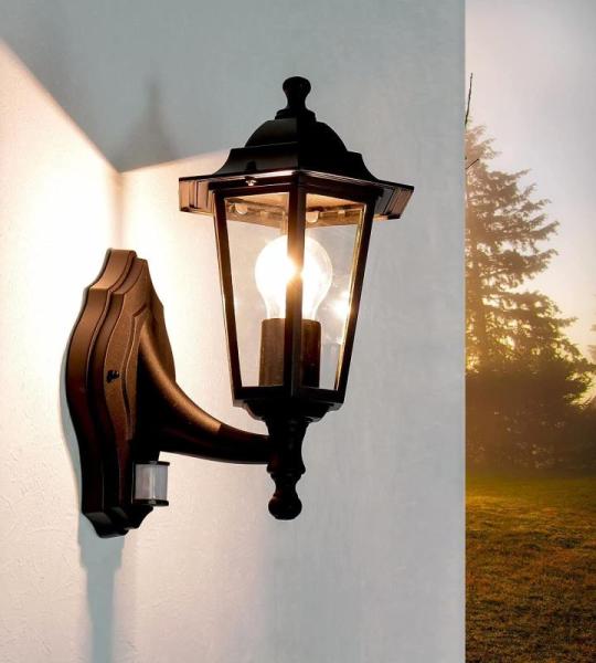 Buiten wandlamp met bewegingsmelder aluminium glas zwart IP44 terras D:23 cm E27 lantaarn nostalgische sensor wandlamp PARIS