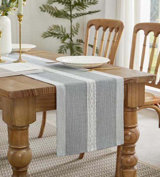 Tafelloper, katoen, linnen, boerderijstijl, voor binnen en buiten, grijs, 275 cm, voor feest, eetkamer, keuken, decoraties (grijs, 275 cm)