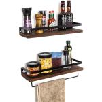 Zwevende houten wandplank, wandgemonteerde zwevende planken met handdoekhouder, rustieke opbergplanken, ideaal voor woonkamer, slaapkamer, hal, badkamer, 2 stuks (donkerbruin 02)