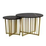 Moderne ronde salontafel set van 2 met PVC marmerpatroon desktop en gouden metalen frame, hoogglans bijzettafelset woonkamertafel koffietafel koffietafel banktafel (zwart)