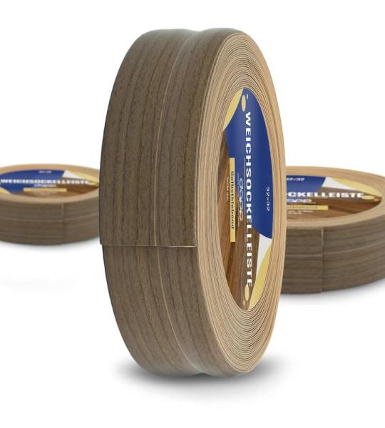 DQ-PP Zachte plint, 25 m, notenhout, 32 x 23 mm, pvc, zelfklevend, knikhoek plint, hoekprofiel, aansluitprofiel, vloerlijst, rubberen plint