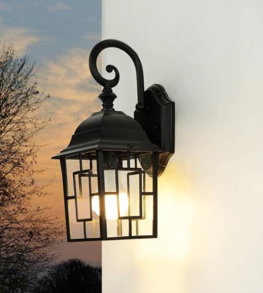 Frisse Buitenwandlamp, aluminium en glas, in zwart, IP23, voor balkon, terras T:19 cm, E27, rustieke Tiffany, buitenlamp voor in de tuin