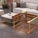 Moderner quadratischer Couchtisch aus Glas, goldfarben, 2er-Set, mit Metallrahmen, stilvolle Aufbewahrung, Couchtische für Wohnzimmer, einfache Montage, für Zuhause, Büro, Schla