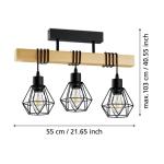 plafondlamp Townshend 5, 3-lichts vintage plafonnière in industrieel ontwerp, retro hanglamp van staal en hout, zwart, bruin, FSC gecertificeerd, E27 fitting