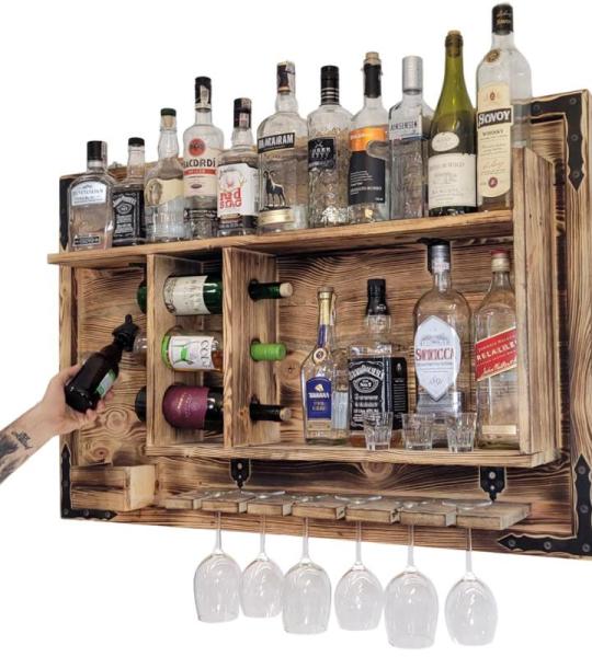 Houten rek om op te hangen - handgemaakt rustieke stijl muur bar flessenrek hout - wijnbaar rek cadeau voor mannen - houten 3D-afbeelding borrelbar