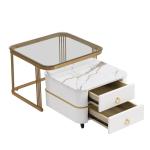 Nestbare salontafel: hoogglans marmeren buitenkant en glazen tafelblad, gouden decoratie, bijzettafel met lade. Set van twee