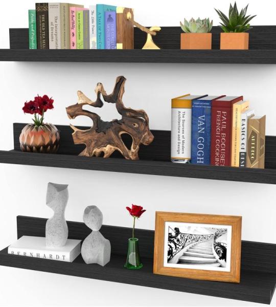 61 cm Schwebende Regale für die Wand, 3er-Set in Ebenholzschwarz, Moderner Rustikaler Stil, Wandmontierte Präsentationsregale, Bilderleisten