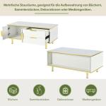 Salontafel met lade en ledlicht, moderne salontafel, woonkamertafel, tafelblad met marmerpatroon, gouden metalen decoratie, effen wit
