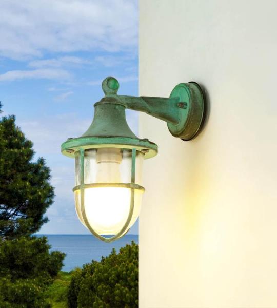 Santorin Buitenwandlamp, messing, glas, groen, antiek, IP64, huis, terras, diameter: 22 cm, E27, maritieme lantaarn, rustieke outdoor wandlamp