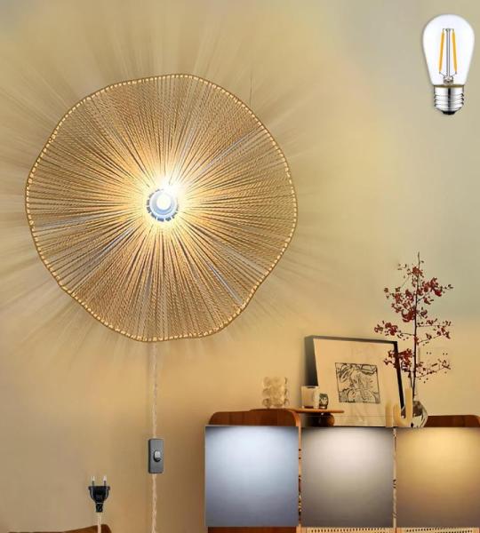 Wandlamp voor binnen, vintage, wandverlichting met dimbare schakelaar en 180 cm kabel, wandlamp, henneptouw, E27, retro bedlampje, voor slaapkamer, woonkamer, trap, hal, café, bar