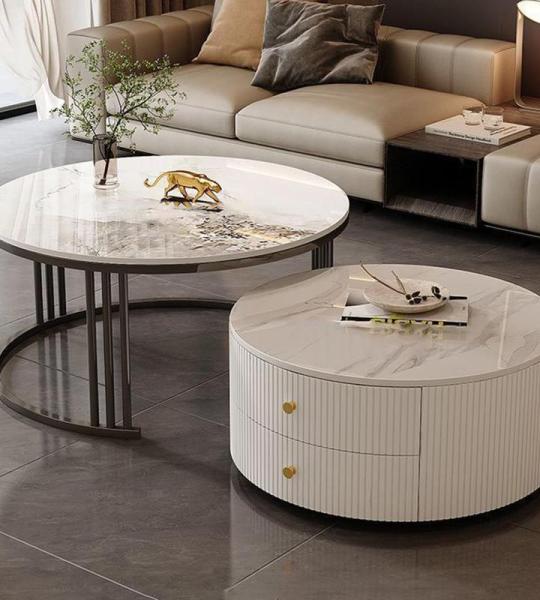 Moderne, runde Couchtische, 2er-Set, mit großem Stauraum für Wohnzimmer, Schlafzimmer, Büro, Balkon und Wohnung, einfache Wartung und stilvolles Design (Motley Y 60 x 34 + 80 x 