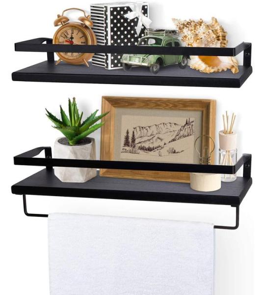 Zwevende houten wandplank, wandgemonteerde zwevende planken met handdoekhouder, rustieke opbergplanken, ideaal voor woonkamer, slaapkamer, hal, badkamer, 2 stuks (zwart)
