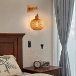 Vintage Dimbare Wandlamp met Stekker, Vintage Nachtlamp Rotan Bamboe Lampenkap, Wand Leeslamp, Rustieke Touw Wandlamp, 450cm Kabel E27 voor Slaapkamer Woonkamer Hal Cafés
