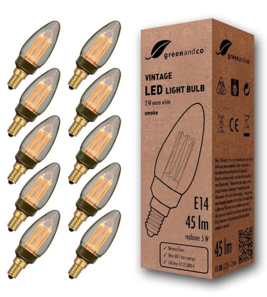 10x  Vintage Design LED lamp voor sfeerverlichting E14 C35 Edison lamp 2W 45lm 2000K rook extra warm wit 320° 230V flikkervrij, niet dimbaar