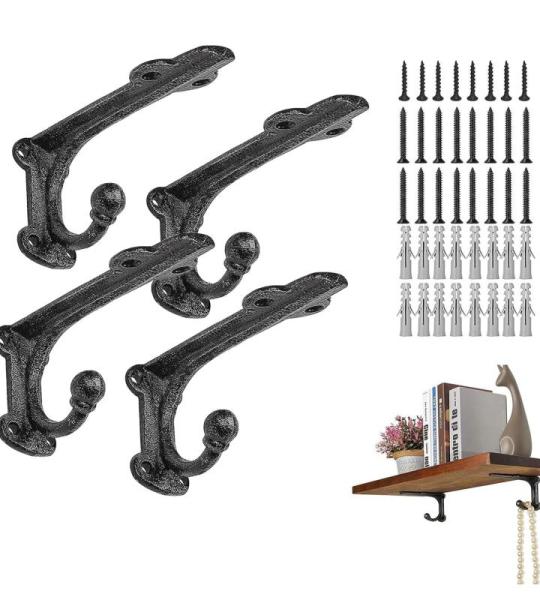 Plankbeugels 10,5 cm, gietijzeren plankbeugels, rustieke plankbeugels met haken zwart, zware plankbeugel wandmontage, 4 stuks