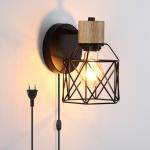 Wandlamp voor binnen, vintage, met stekker en dimbare schakelaar, industriële E27 draaibare retro lamp, wandlamp, hout, metaal, kooi, wandlampen voor woonkamer, slaapkamer, hal