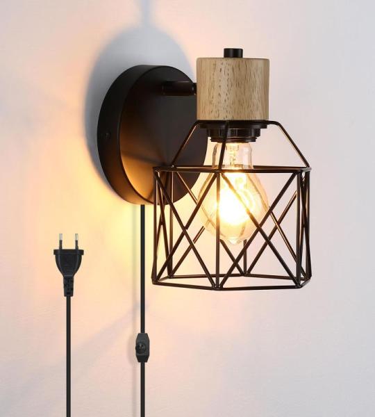 Wandlamp voor binnen, vintage, met stekker en dimbare schakelaar, industriële E27 draaibare retro lamp, wandlamp, hout, metaal, kooi, wandlampen voor woonkamer, slaapkamer, hal