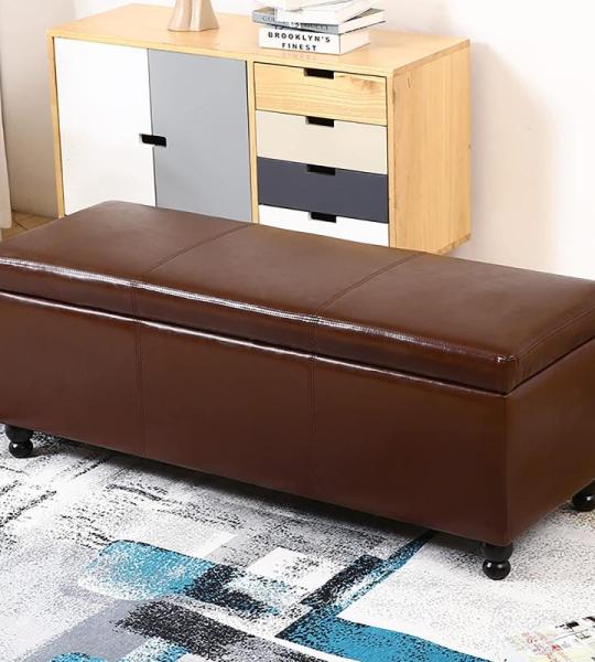 Ottomane aus Leder mit Stauraum und getuftetem Holz mit Fußstütze – moderner, rechteckiger Couchtisch für Wohnzimmer, Schlafzimmer