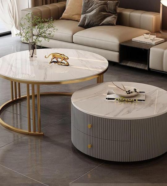 Moderne, runde Couchtische, 2er-Set, mit großem Stauraum für Wohnzimmer, Schlafzimmer, Büro, Balkon und Wohnung, einfache Wartung und stilvolles Design (Motley K 60 x 34 + 80 x 