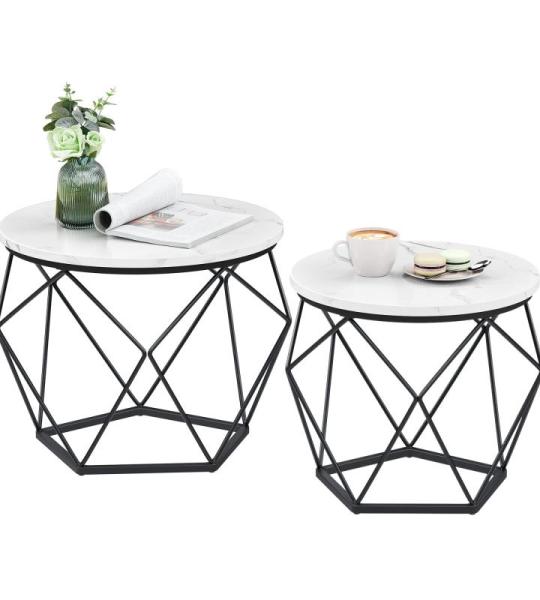 Salontafel rond, set van 2, woonkamertafel, bijzettafel, modern, afneembaar tafelblad, voor woonkamer, marmerwit-inktzwart LCT041W59