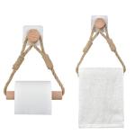 2er Set Toilettenpapierhalter ohne Bohren, Vintage Handtuchhalter aus Seil und Holz, Selbstklebende WC Papier Halterung, Industriestil Bad Dekoration, Boho Design, Geeignet für Ba